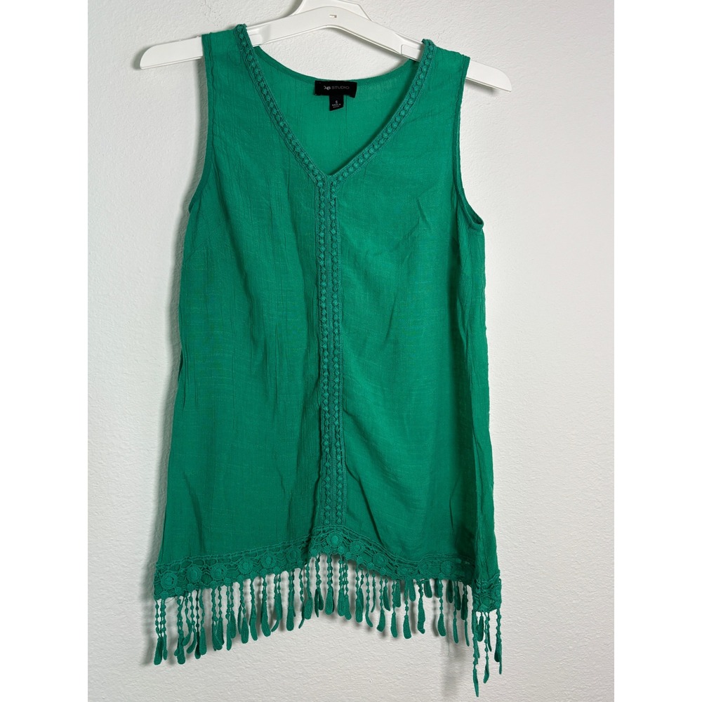 AB Studio Womens Emerald Green Sleeveless Blouse Crochet Lace Tassel Fringe S